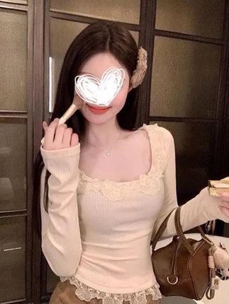 Moses Queen/魔西女王纯欲蕾丝花边方领长袖t恤女春秋内搭打底衫#韩系穿搭分享#纯欲风天花板 #蕾丝花边上衣#打底衫上衣推荐#复古风穿搭