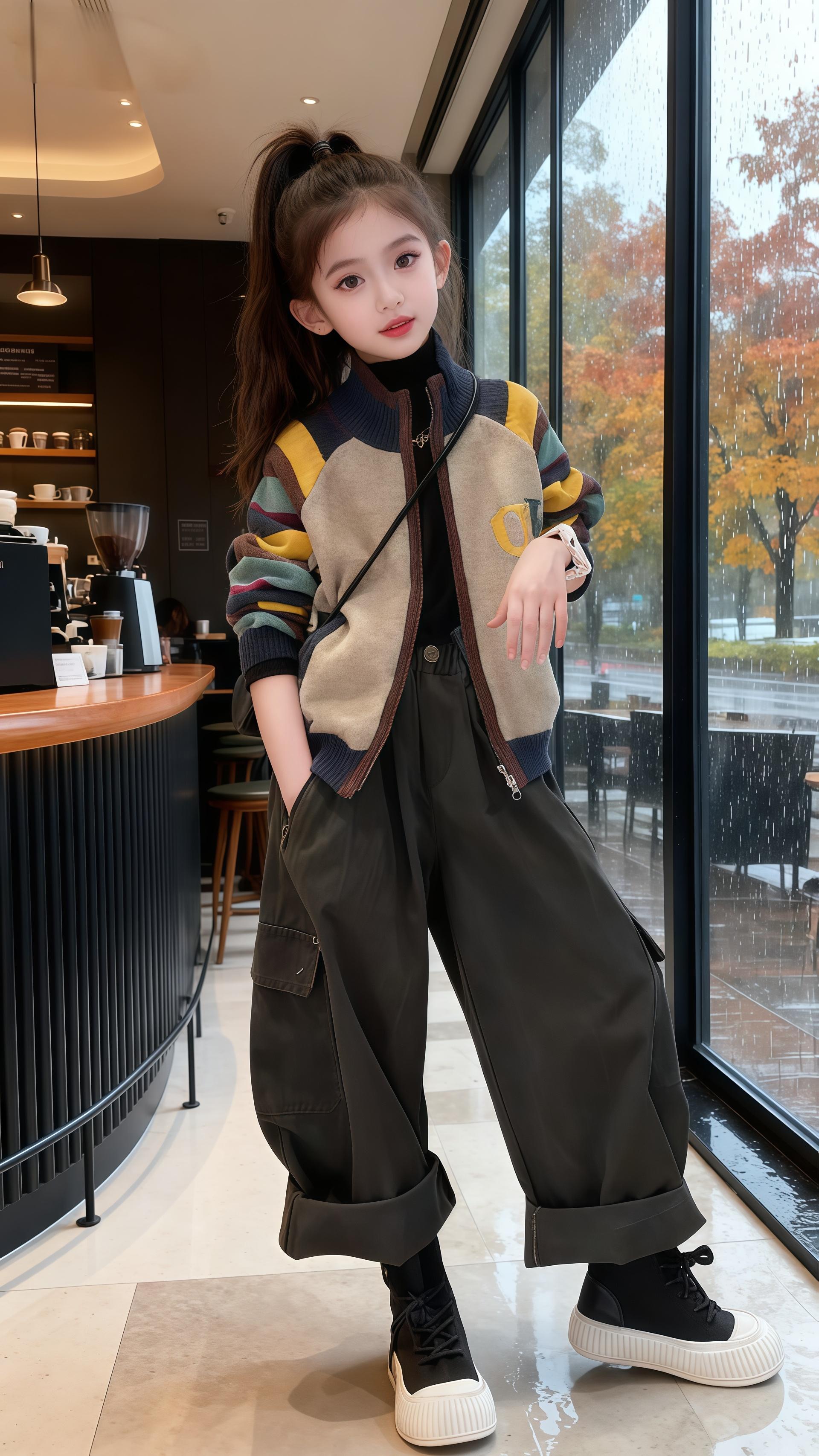 每次看女儿穿这套衣服,都觉得她像个时尚小达人! 这套拼色棒球服充满活力,不同颜色的拼接很有设计感,把她衬得既俏皮又有范儿;搭配的工装裤宽松又有个性,裤脚的卷边设计还多了几分随性,再配上那双黑白配色的鞋子,整个造型潮流感拉满。往咖啡馆里一站,简直是秋日里的一道亮眼风景线,忍不住想给她多拍几张照片,记录下她这份灵动又时髦的模样~ #时尚穿搭时尚穿搭时尚 #高品质童装 #童装上新#简约穿搭高级感#女童洋气服装推荐