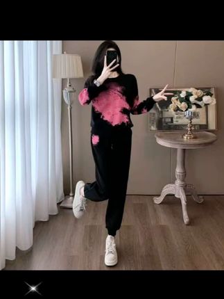 #休闲运动时尚套装女2025秋冬季纯棉保暖加绒加厚印花卫衣两件套潮