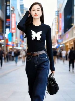 秋季窄版阔腿牛仔裤#时尚穿搭