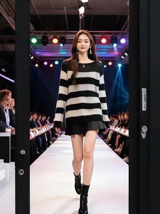 黑色镂空条纹针织衫女装秋冬新款大码胖mm显瘦宽松毛衣打底衫上衣