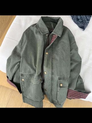 做旧复古绿色拼接格子设计感牛仔外套女2025秋季新款牛仔开衫上衣#外套女 #牛仔外套 #秋季新款 #小众设计感 #好看