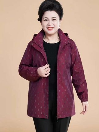 中老年女装妈妈装春秋翻领可拆连帽宽松夹克时尚印花大码风衣女装 #品质女装 #修身显瘦 #洋气上档次 #中老年妈妈装