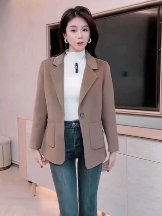 100%绵羊毛短款双面呢大衣,西装领气质毛呢外套#抖音入手好物