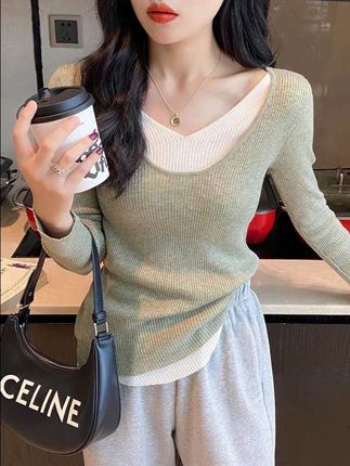 圆领打底衫女内搭早秋针织衫2023新款秋冬洋气修身长袖假两件上衣#穿出高级感 #减龄显瘦穿搭 #韩系穿搭 #甜美女孩 #休闲减龄穿搭