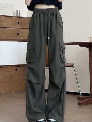 军绿色工装裤女款秋季2025爵士舞显瘦窄版直筒小个子降落伞兵裤子#裤子#直筒裤#工装裤