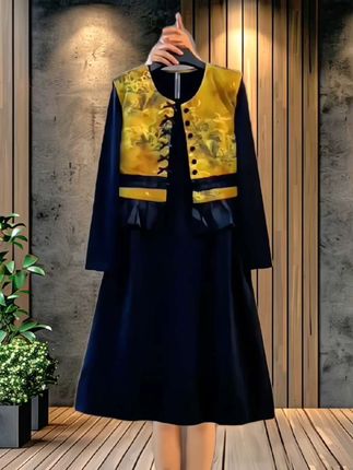 #秋季新款#大码女装#时尚洋气欧货时尚重工盘扣复古国风马甲➕打底裙遮肉显瘦两件套