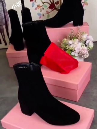 粗跟短靴 羊皮磨砂女短靴2023年秋冬新款圆头粗跟百搭软面女单靴中低跟棉靴#粗跟短靴#低跟棉靴