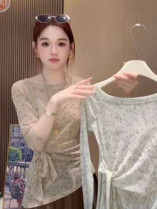2025早秋不规则扎染绷带收腰斜肩上衣女显瘦露肩设计感长袖T恤#长袖t恤 #爆款热卖中
