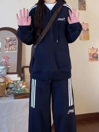 #三条杠两件套#运动服套装#连帽运动服#学生运动服套装 女春秋季初高中学生阔腿裤连帽纯棉卫衣休闲运动服