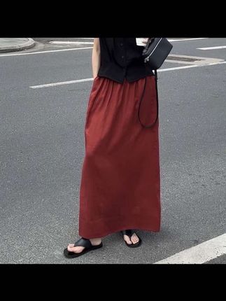 夏季新款赫本风红色高腰垂感A字裙女梨形胖MM松紧腰双开衩半裙#裙子搭配 #夏季新款 #谁穿谁好看系列 #半身裙 #裙子