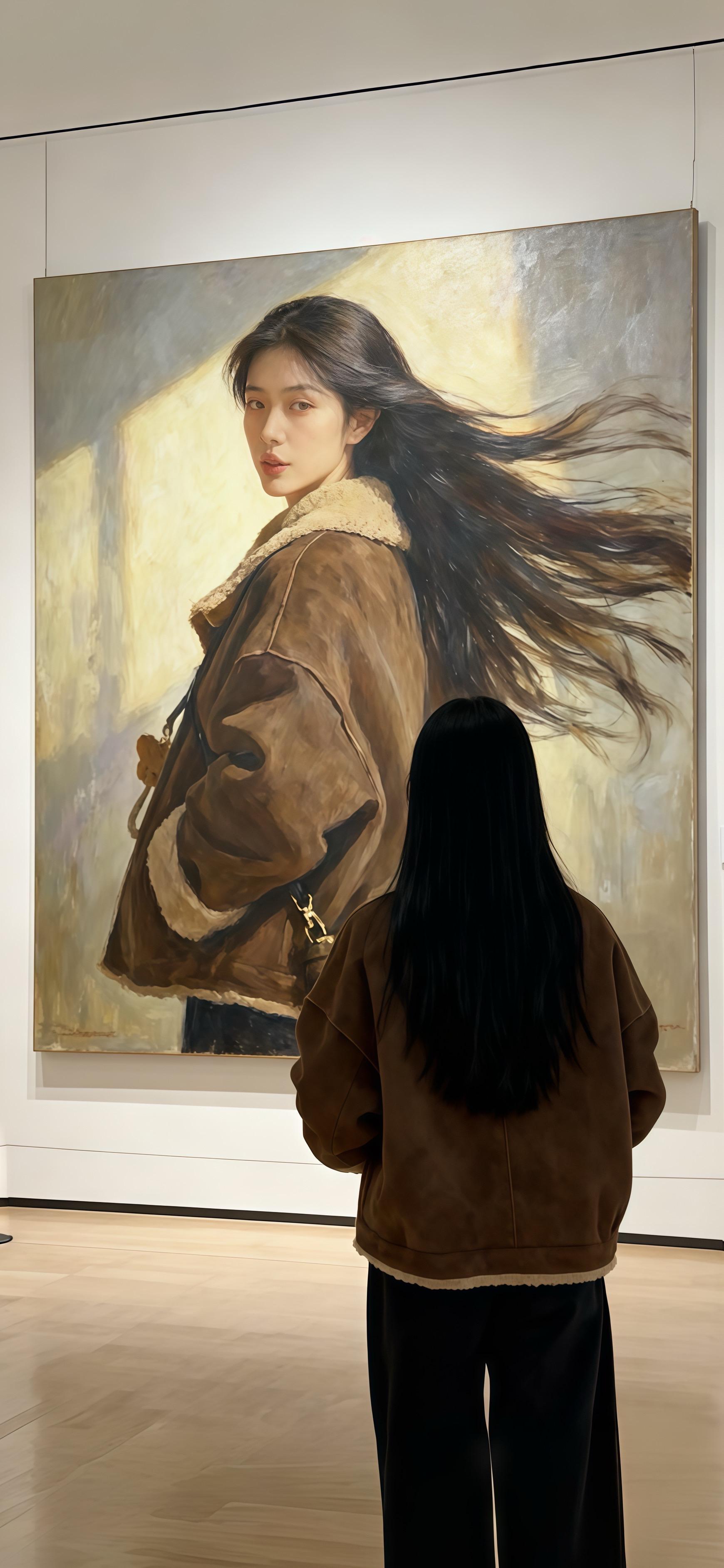许妍站在美术馆里,望着那幅巨画。画中女子的颜色外套与她身上的竟如此相似。她恍惚觉得,画中人是另一个时空的自己,在光影里长发飞扬。这一刻,艺术与现实的边界变得模糊,许妍仿佛听见了画中传来的风,正诉说着一场关于风格与自我的共鸣。 ##约会穿搭 #许妍用穿搭演绎角色灵魂 #许妍同款气质半扎发 #当我理解许妍是一种感觉 #许妍激发了大家的打扮欲
