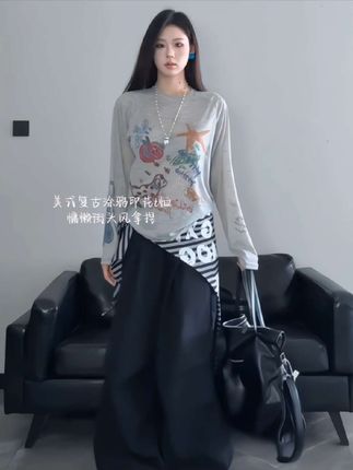 美式复古涂鸦印花长袖防晒罩衫!好爱这随性慵懒感~#宽松显瘦 #百搭上衣 #罩衫 #罩衫穿搭#微胖穿搭