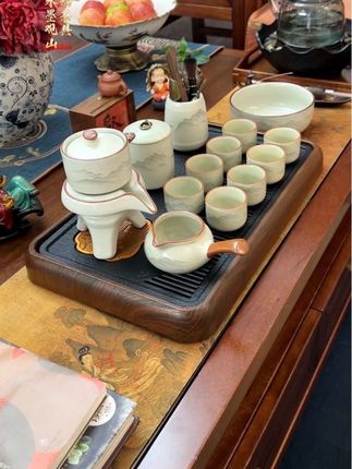 汝窑水墨观山自动茶具 #汝窑 水墨观山 #陶瓷 #自动茶具 家用泡茶壶功夫茶杯办公室泡茶器具套装