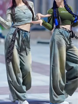 街舞潮牌复古辣妹牛仔街头设计感长裤-有腰绳
