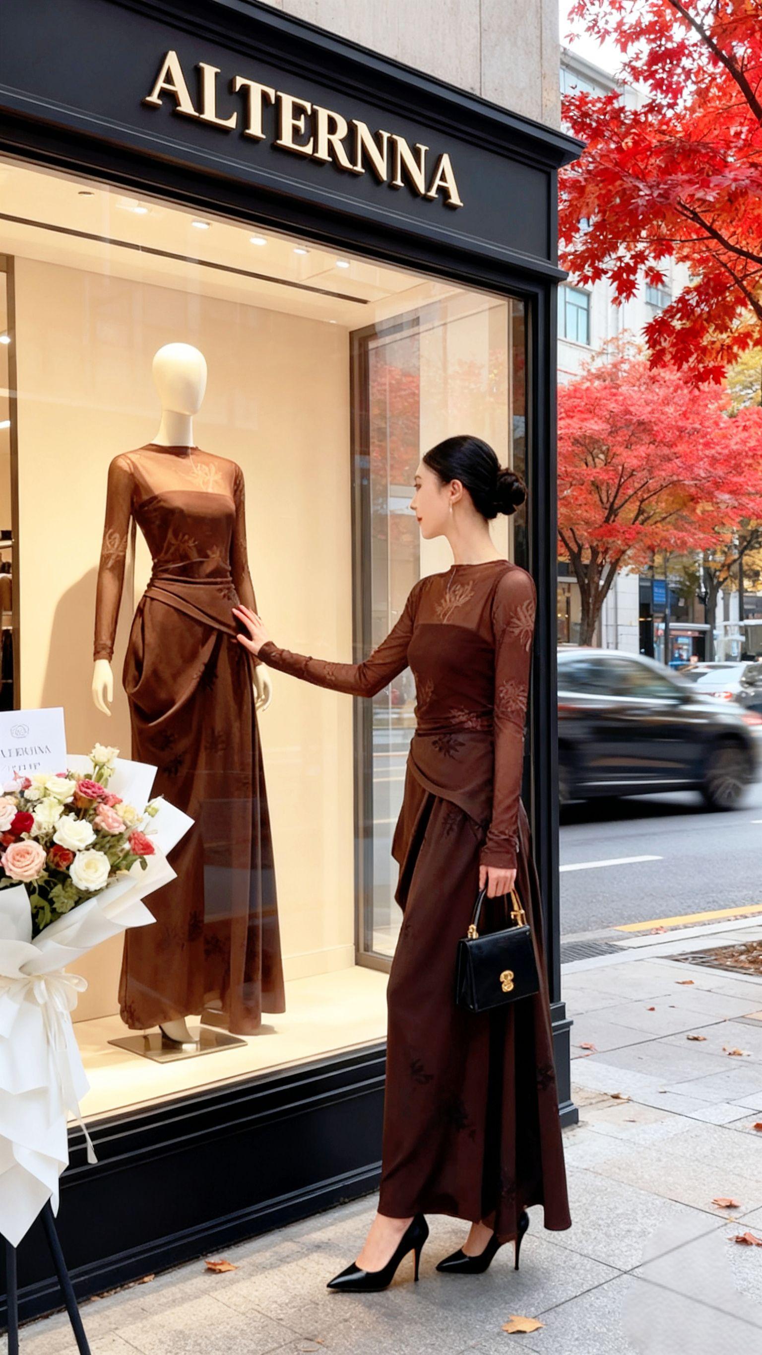醋酸提花连衣裙。秋日氛围感穿搭|在都市街头邂逅高级感   谁懂啊!这套深棕系连衣裙一穿,直接把秋日都市时尚感焊在身上了✨   在「ALTERNNA」的橱窗前,和同款人体模型撞衫的瞬间,才发现原来衣服的精致感是可以具象化的——网纱上的暗纹刺绣、裙摆的垂坠设计,每一处细节都在说“我很高级”🖤   搭配黑色高跟鞋和复古手拎包,走在落满红叶的街道上,连路过的车都像在给我当背景板~   秋天就该这么穿!把都市丽人的精致感和秋日的氛围感狠狠拿捏,姐妹们快冲这套,穿去约会、通勤都绝绝子!   #秋日穿搭 #都市时尚 #高级感穿搭 #ootd每日穿搭 #高级感穿搭 @抖加🔥上热门🔥dou+🔥热点宝 @DOU+小助手