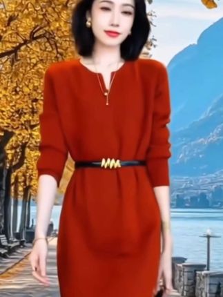 @福星好物 秋冬新款过膝中长款长袖毛针织连衣裙#喜婆婆喜妈妈婚宴装 #还可平时搭配大衣#简约休闲风