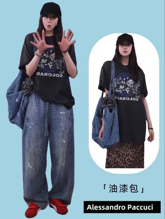 AP洛哥【油漆包】 进口棉手工涂色 大容量时尚单肩牛仔包#包包 #牛仔包 #单肩斜挎包 #手工涂色 #大容量包包