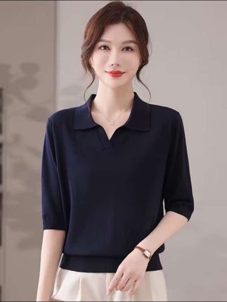 #好物推荐🔥 #时尚穿搭时尚穿搭时尚 品牌秋装大码女装中袖上衣针织七分袖POLO领女薄款半袖灰色体恤杉#优雅气质 #女装穿搭 #减龄气质