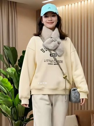 胖mm时尚百搭卫衣女秋冬季韩版宽松大码套头外套休闲圆领加绒上衣#加厚卫衣 #时尚百搭款 #