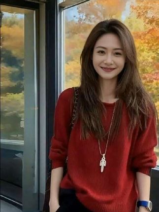 秋季新款韩版女装,撞色圆领长袖针织衫,宽松显瘦,红色套头毛衣超百搭#时尚百搭 #气质范 #针织衫