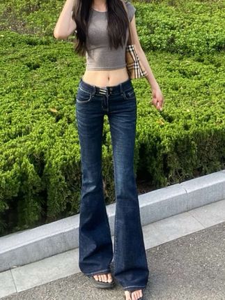 蓝灰色低腰微喇叭牛仔裤女夏季修身弹力显瘦加长直筒拖地马蹄裤子#微喇牛仔裤#微喇牛仔直筒裤#牛仔直筒裤#牛仔裤#微喇裤