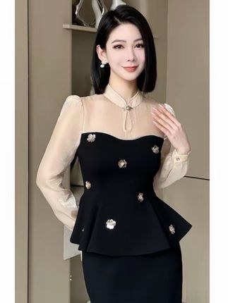 格娜新中式早秋新款盘扣纱袖拼接钉花优雅女上衣时尚撞色小众套装 #穿出高级感 #显瘦显高显气质