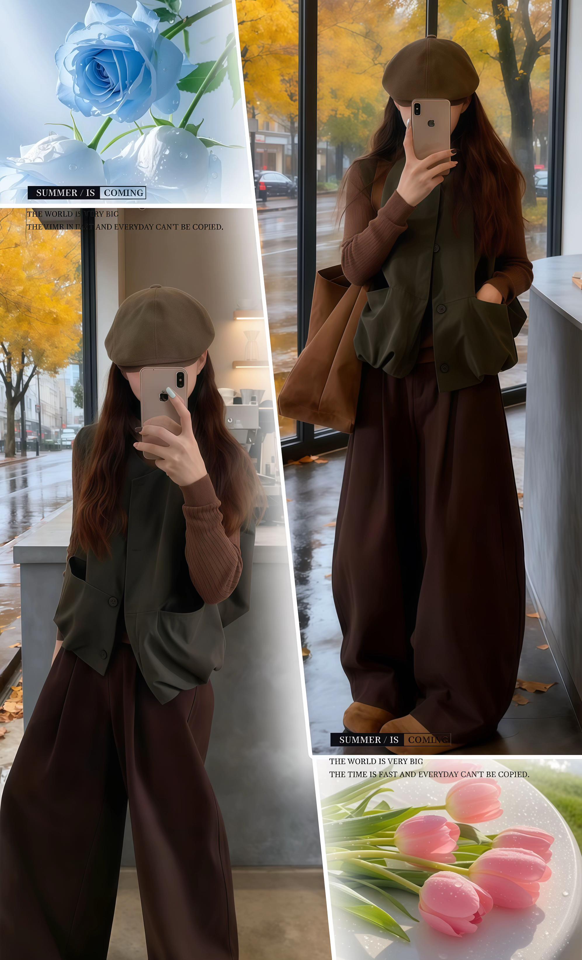 秋日氛围感穿搭|把焦糖与橄榄绿穿在身上 在秋雨浸润的街角咖啡馆,邂逅一身复古腔调的秋日穿搭。 棕色坑条针织衫打底,勾勒温柔肌理;橄榄绿工装马甲叠穿,增添随性飒气,大口袋设计暗藏实用巧思;深棕阔腿裤垂坠感拉满,慵懒又显腿长;搭配同色系贝雷帽与麂皮单鞋,再挎上一只焦糖色帆布包,从帽檐到鞋尖,每一处都在演绎秋冬的复古浪漫。 当窗外的银杏黄与咖啡香交织,这身穿搭把秋日的温暖质感,穿成了行走的氛围感画报~#简约穿搭 #慵懒风穿搭 #休闲风 #出游穿搭 #色系搭配