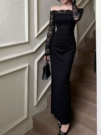 纯欲风御姐蕾丝小黑裙女连衣裙一字肩长袖包臀长裙秋#裙子 #穿搭 #气质穿搭 #连衣裙女 #黑色系穿搭