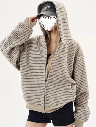 美式开衫条纹连帽拉链外套小众运动休闲宽松时尚保暖2025卫衣女W1#连帽外套 #宽松 #上衣 #保暖 #穿搭