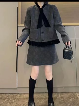 米可/MK-ZJ【小香风拼丝绒半裙呢子套装】时尚秋季 #轻奢女装