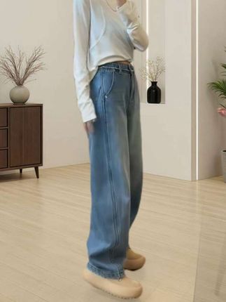 2025秋冬加绒大码女装弯刀牛仔裤梨形身材显瘦设计感阔腿拖地长裤#梨形身材穿搭 #藏肉显瘦穿搭 #通勤搭配 #秋冬穿搭