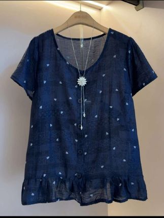 夏天圆领宽松型短袖纽扣拼色印花T恤休闲风极简风修身型显瘦洋气#谁穿谁好看#休闲百搭#夏季新款