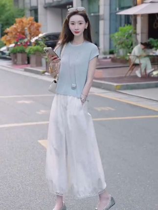 休闲风减龄小众设计感短袖洋气法式通勤时尚套装阔腿裤裤子两件套#夏季穿搭 #气质女神穿搭 #优雅气质 #夏季新款女装 #高级穿搭