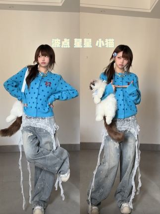 喵喵喵! 把今年喜欢的元素全放在身上啦~#晒晒我的秋日穿搭 #波点星星 #蓝色系穿搭#麦扣羊