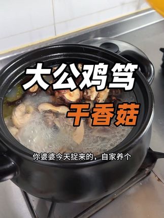 婆婆拿来的大公鸡给孙子吃,我们靠福,香菇笃笃汤,鲜的吧的了!#干香菇产地 #干香菇