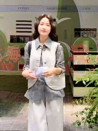 慵懒风松弛感套装裤女2025秋季新款印花衬衫牛仔马甲阔腿裤三件套
