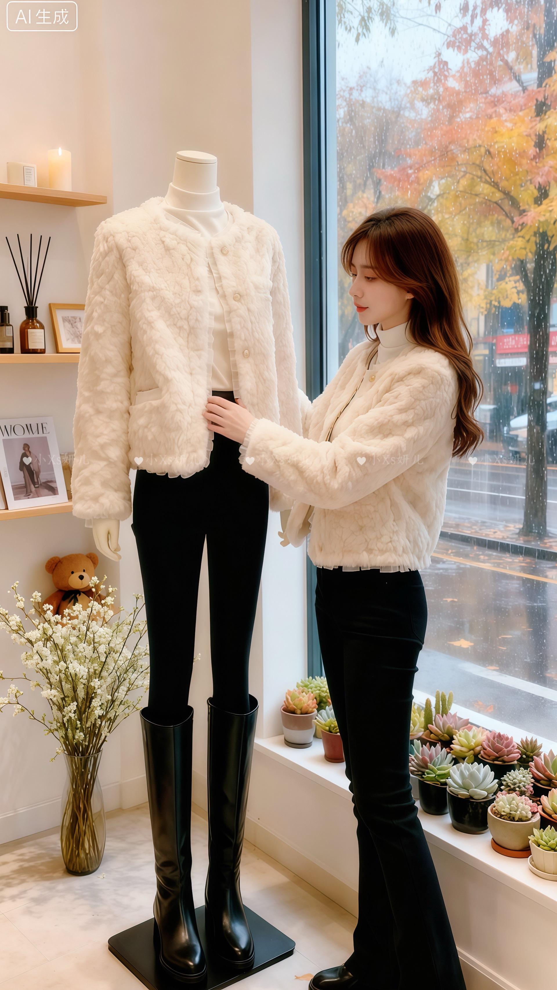 《拾光穿搭日记》许妍正细心整理着米白色毛绒外套的陈列,珍珠纽扣在暖光下泛着柔和的光。她抬手捋了捋长卷发,突然瞥见架上刚到的杂志有页脱胶。  “妍姐,这版专题拍摄素材到了。”实习生抱着一摞文件进来。  许妍接过,指尖划过杂志上的穿搭大片,笑道:“把这本瑕疵的拿去处理,换本新的上架。对了,这套毛绒外套配阔腿裤的搭配,记得标注‘秋日温柔系’主推。”  她走到窗边,望着雨幕里行人的伞影,忽然想起今早自己也是这样穿着,在这家店门口,被顾客夸“像从杂志里走出来的”。嘴角扬起浅笑,她转身继续投入工作,那身穿搭的温柔质感,在暖光里愈发动人。 #时尚穿搭时尚穿搭时尚 #时尚气质穿搭 #漂亮衣服 #创作者扶持计划 #时髦穿搭