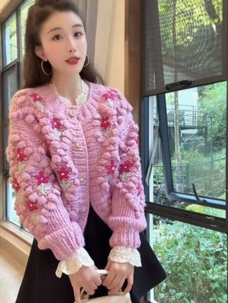 #秋冬新款棒针豆豆钩花加厚开衫慵懒风甜美减龄短款外套YY70913