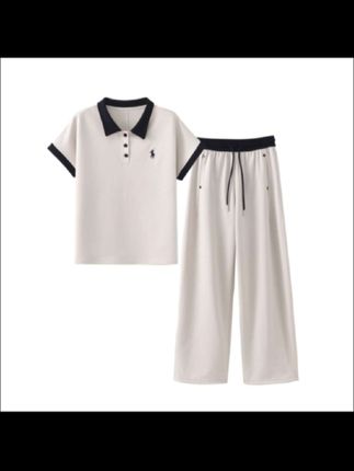 1548-1时尚短袖POLO领上衣+直筒裤两件套2025夏减龄洋气休闲套装