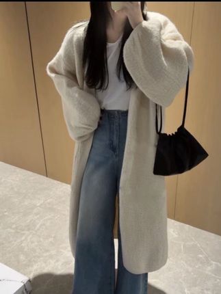 秋冬季新款泡泡袖长款针织开衫外套毛衣女宽松#高级感穿搭 #温柔穿搭 #甜美穿搭 #气质仙女裙穿搭 #韩系穿搭