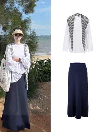 微透长袖超宽松T恤+氛围感垂感松弛显瘦半身裙+披肩  #简单大方时尚款 #宽松版型 #遮肉显瘦 #松弛感穿搭 #慵懒风穿搭