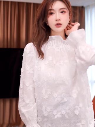 yiyiya.Guo艺艺吖【四季芬芳】立领提花刺绣宽松长袖上衣25SS0385#高级感穿搭 #洋气小衫 #减龄气质 #仙女穿搭 #艺艺吖