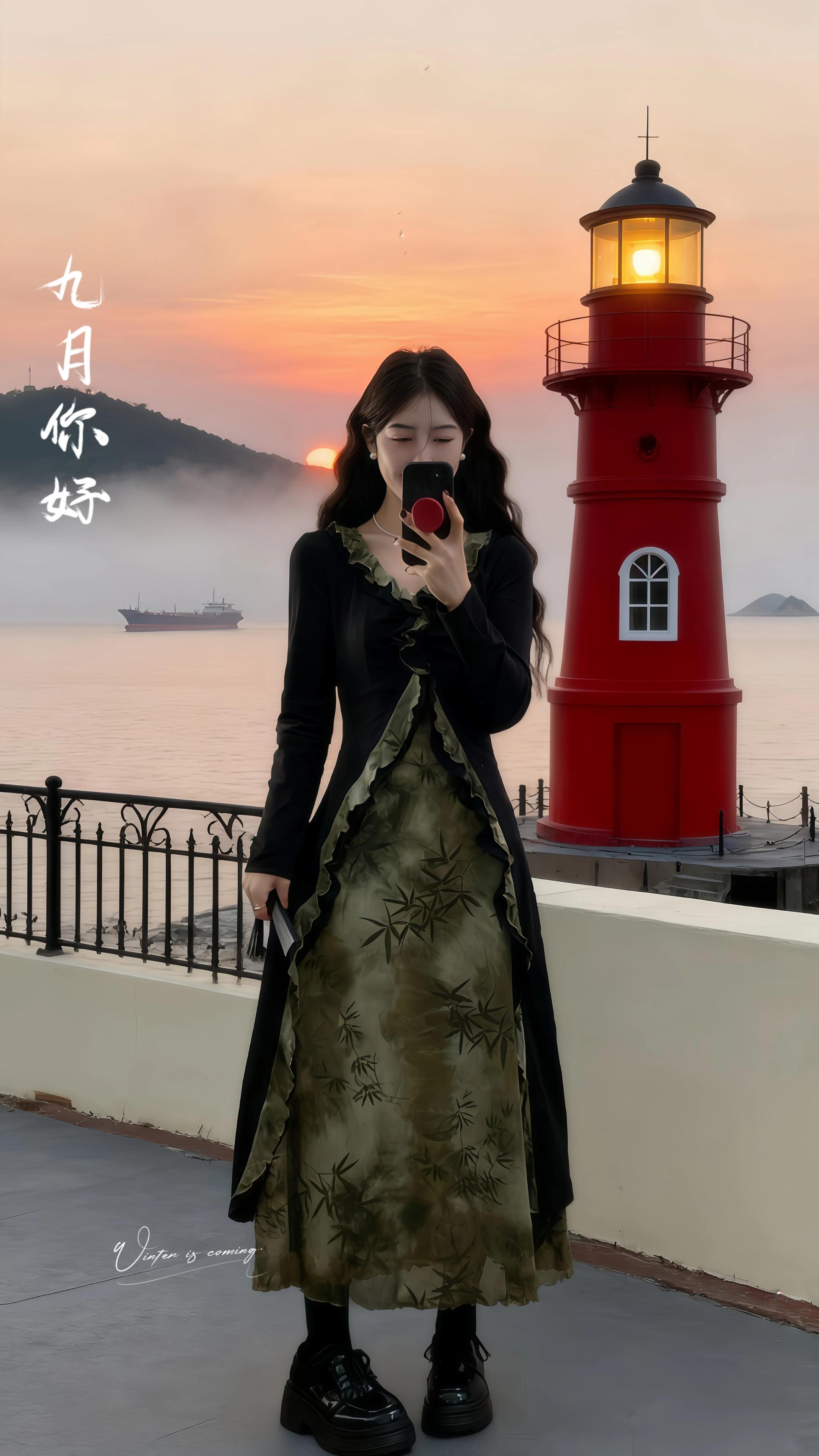 在海边迷雾灯塔的浪漫景致中,她的穿搭宛如一首复古与诗意交织的乐章。 一袭长裙尽显优雅,黑色与带有竹叶印花的橄榄绿拼接设计,在荷叶边的点缀下,既具复古宫廷风的精致,又含中式元素的雅致。长袖的版型适配海边微凉的气候,裙身的层次设计随着步履在迷雾中若隐若现。脚下是黑色厚底小皮鞋,搭配黑色袜装,增添了几分俏皮与复古感,与整体风格和谐相融。在红灯塔暖光、橘色落日以及海面薄雾的烘托下,这套穿搭将复古韵味与海边的迷幻氛围完美糅合,每一处细节都在灯塔背景里绽放出独特的时尚风情。#优雅气质 #早秋穿搭公式来了 #初秋韩系穿搭 #梨形身材穿搭 #复古风穿搭 @抖加🔥上热门🔥dou+🔥热点宝