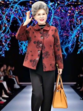 老年人秋装女毛呢奶奶翻领开衫气质上衣70岁妈妈休闲长袖大码外套