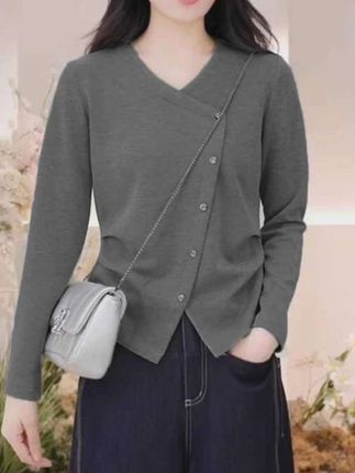 高含棉设计感v领长袖t恤女2025年春秋季新款胖mm遮肚显瘦休闲上衣