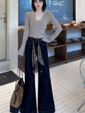 百搭复古高腰不贴腿微喇牛仔裤女2025年秋季新款宽松显瘦拖地长裤#高腰直筒微喇裤