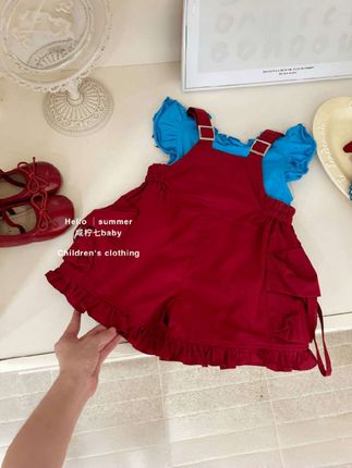 莓果泡泡~多巴胺穿搭女童小飞袖上衣背带裤套装#生女儿就是用来打扮的 #高品质童装 #背带裤套装 #甜美穿搭 #谁穿谁好看
