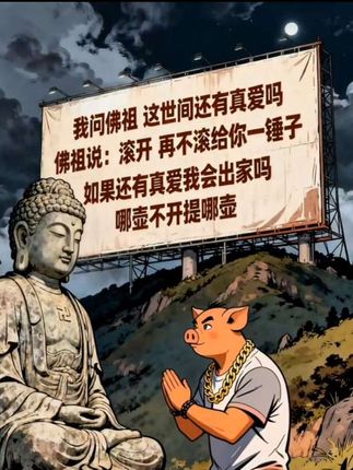 我问佛祖 这世间还有真爱吗? 佛祖说:滚开 再不滚给你一锤子 如果还有真爱我会出家吗? 哪壶不开提哪壶#热评文案#热图分享#情感#讨论