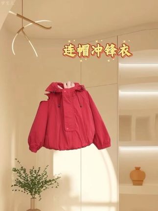 春秋短款女童韩版女冲锋衣户外红色连帽防风休闲